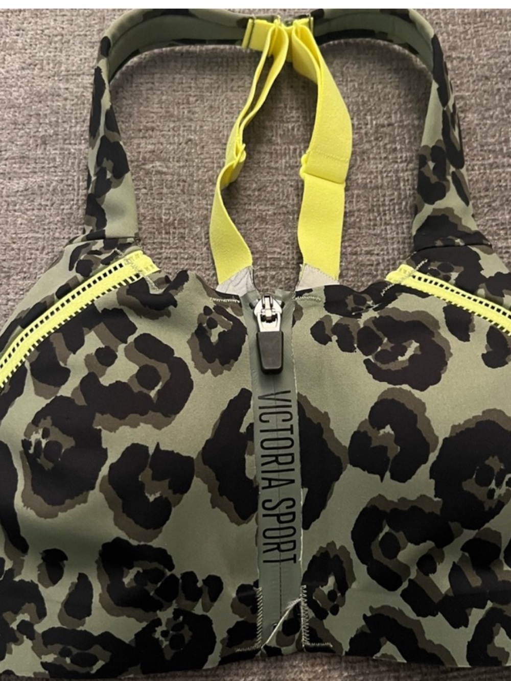 Victoria's Secret Olive Leopard Sports Bra with Neon Yellow Trim